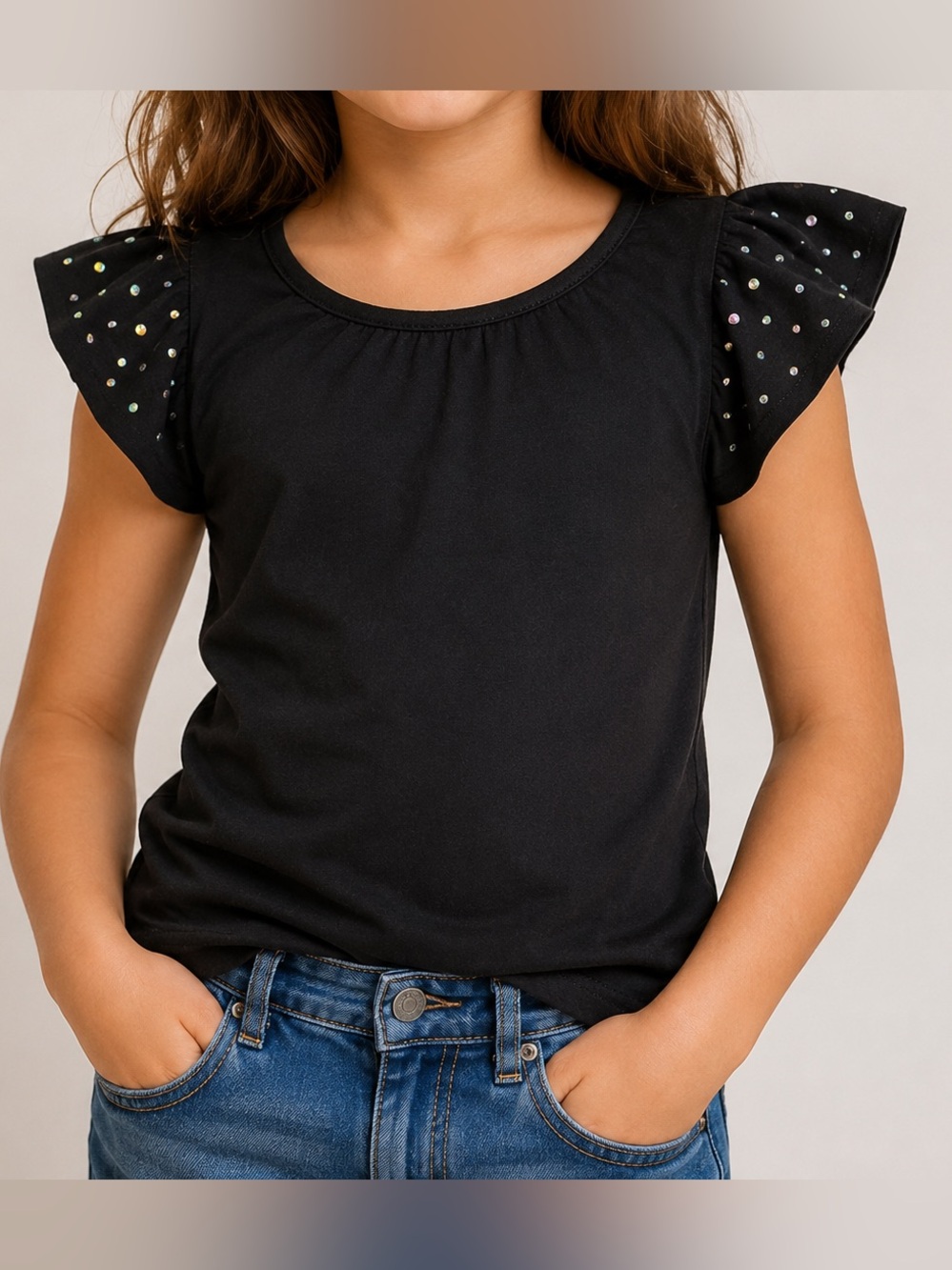 Circo Girls 7/8 Black Rhinestone Flutter Sleeve Top Sparkle Tee